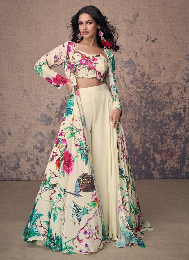 Pure Crepe Silk White Party Wear Digital Printed Readymade Indo Western